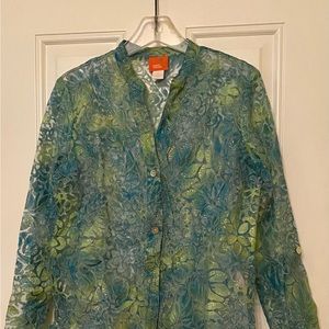 Polyester Button Up Women’s Blouse Sheer Size 8 Long Sleeve Green & Blue. NWOT